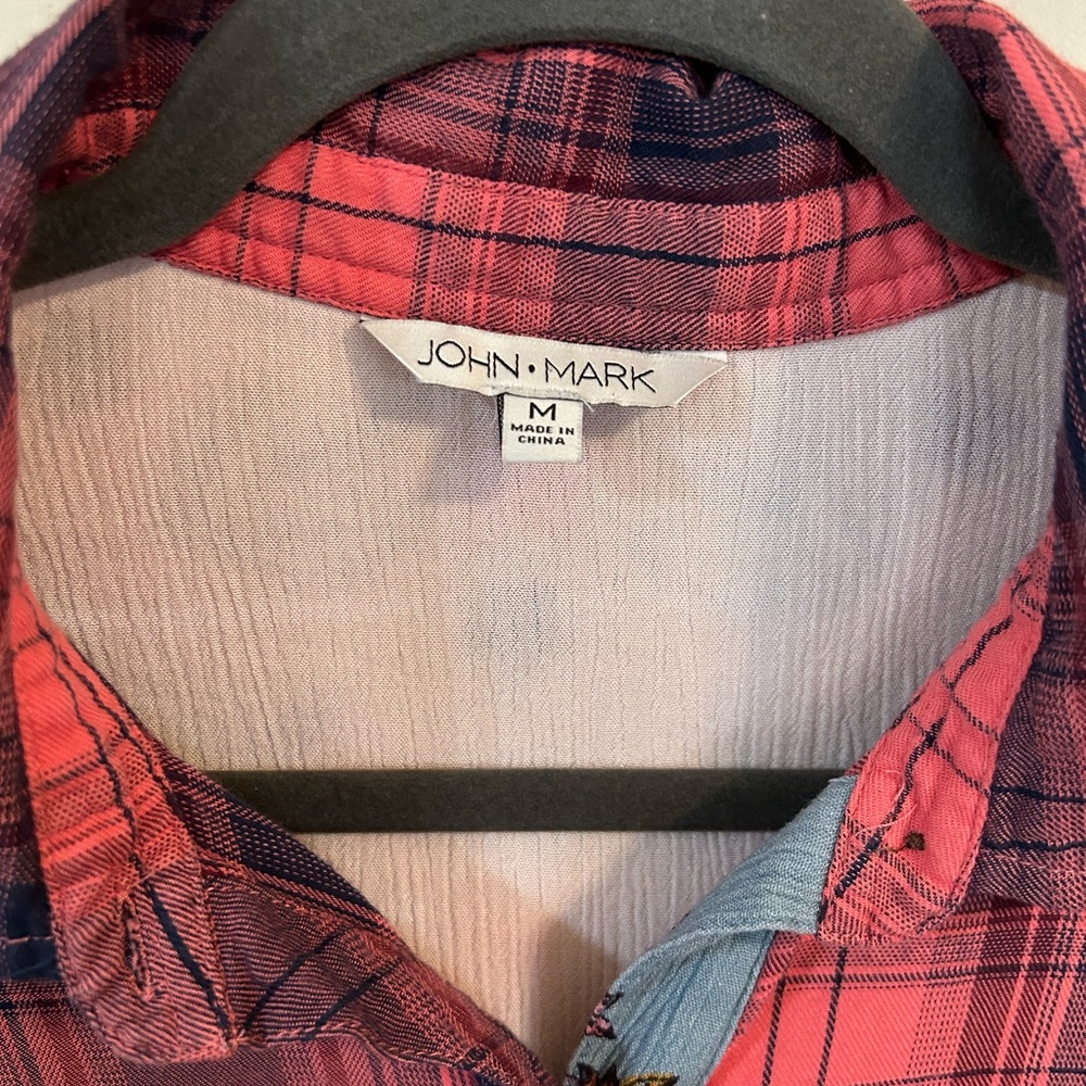 John Mark Plaid Boho Western Mixed Embroidered Button Down Shirt Medium - Picture 2 of 6